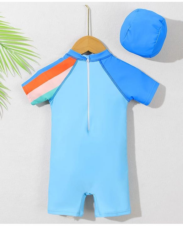 Babyhug Half Raglan Sleeves Legged Swimsuit With Rocket Print & Cap - Light Blue