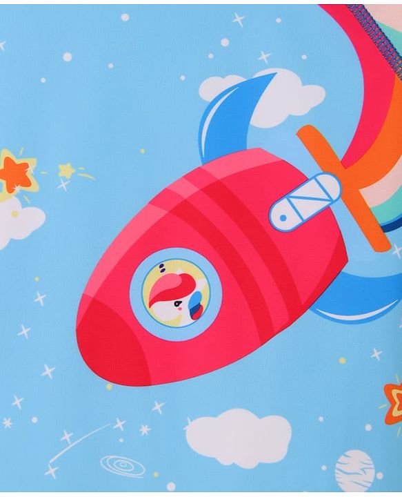 Babyhug Half Raglan Sleeves Legged Swimsuit With Rocket Print & Cap - Light Blue