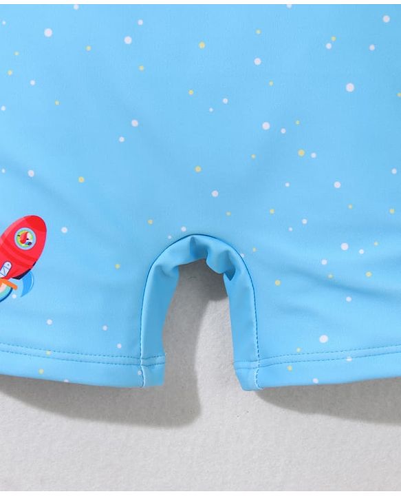 Babyhug Half Raglan Sleeves Legged Swimsuit With Rocket Print & Cap - Light Blue