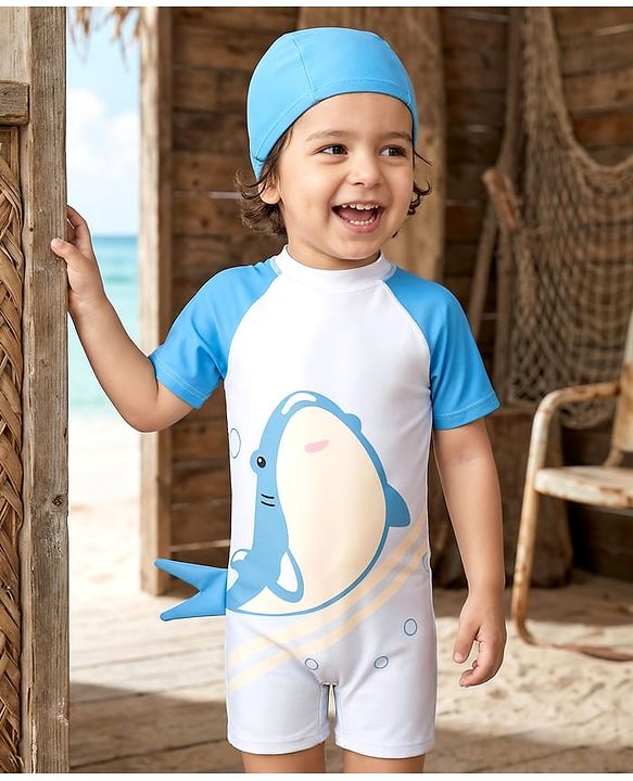 Babyhug Half Raglan Sleeves Legged Swimsuit With Shark Print & Cap - Light Blue