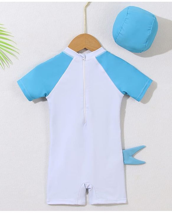 Babyhug Half Raglan Sleeves Legged Swimsuit With Shark Print & Cap - Light Blue