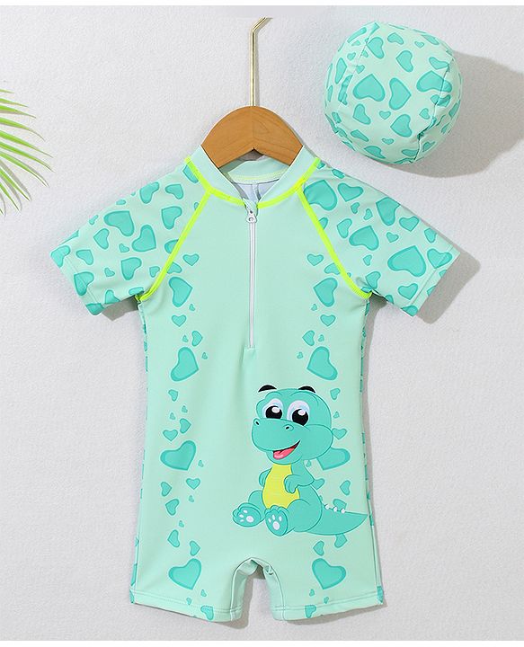 Babyhug Half Raglan Sleeves Legged Swimsuit With Dino Print & Cap - Sea Green