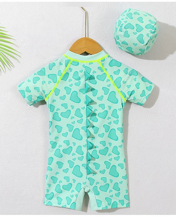 Babyhug Half Raglan Sleeves Legged Swimsuit With Dino Print & Cap - Sea Green