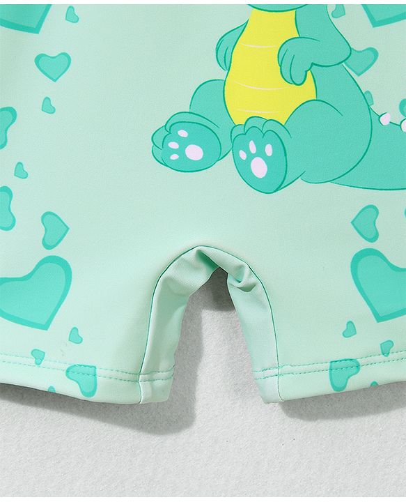 Babyhug Half Raglan Sleeves Legged Swimsuit With Dino Print & Cap - Sea Green
