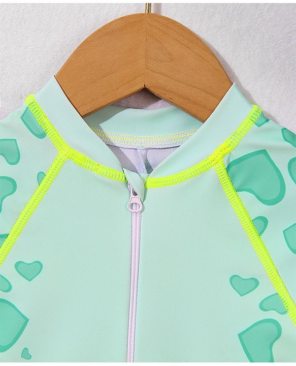 Babyhug Half Raglan Sleeves Legged Swimsuit With Dino Print & Cap - Sea Green