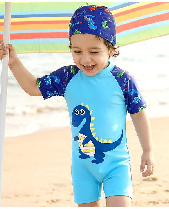 Babyhug Half Raglan Sleeves Legged Swimsuit With Dino Print & Cap - Light Blue