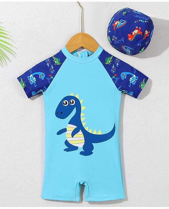 Babyhug Half Raglan Sleeves Legged Swimsuit With Dino Print & Cap - Light Blue
