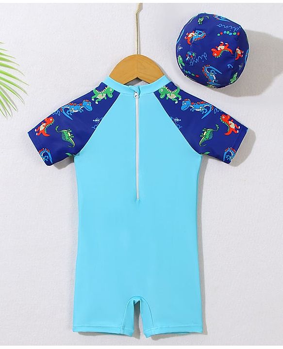 Babyhug Half Raglan Sleeves Legged Swimsuit With Dino Print & Cap - Light Blue
