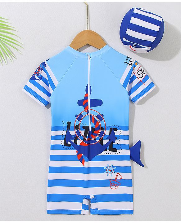 Babyhug Half Raglan Sleeves Legged Swimsuit With Shark Print & Cap - Light Blue