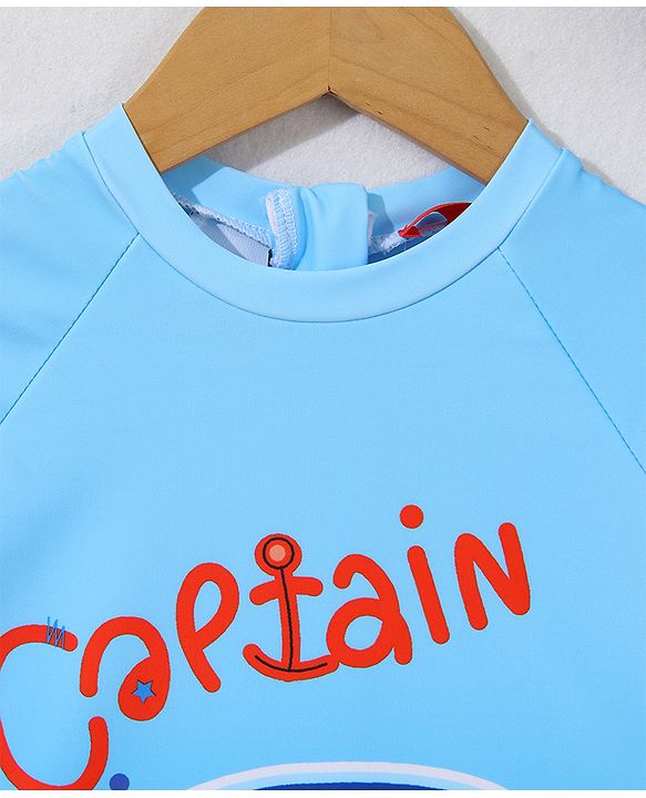 Babyhug Half Raglan Sleeves Legged Swimsuit With Shark Print & Cap - Light Blue