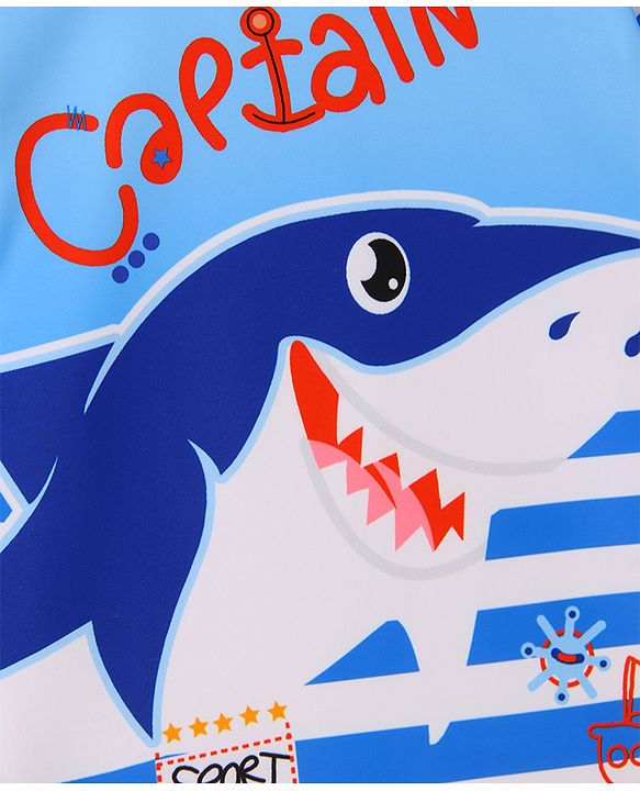Babyhug Half Raglan Sleeves Legged Swimsuit With Shark Print & Cap - Light Blue