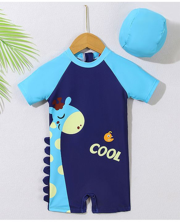 Babyhug Half Raglan Sleeves Legged Swimsuit With Giraffe Print & Cap - Navy Blue