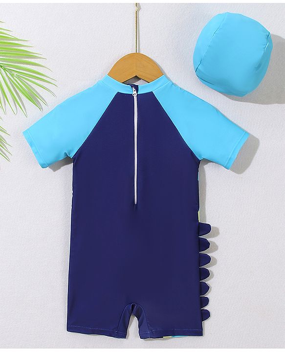 Babyhug Half Raglan Sleeves Legged Swimsuit With Giraffe Print & Cap - Navy Blue