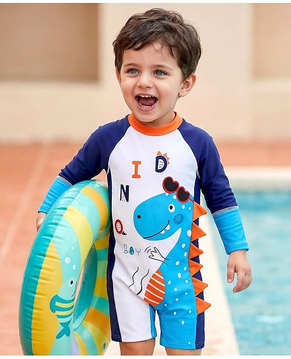 Babyhug Full Raglan Sleeves Legged Swimsuit With Dino Print - White