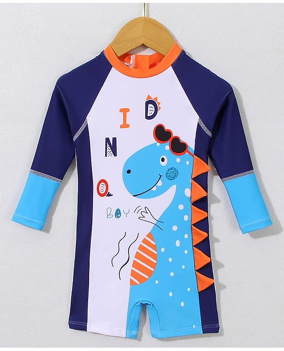 Babyhug Full Raglan Sleeves Legged Swimsuit With Dino Print - White