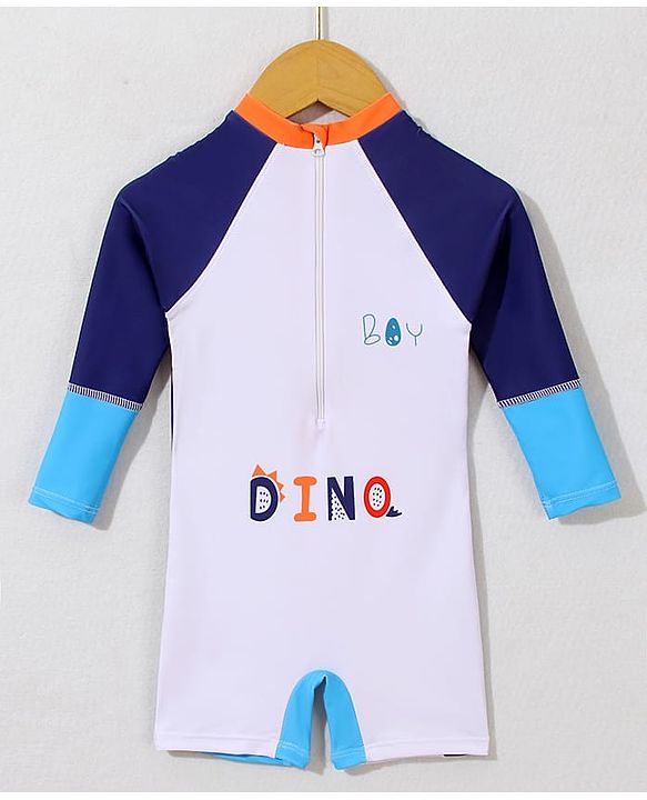 Babyhug Full Raglan Sleeves Legged Swimsuit With Dino Print - White
