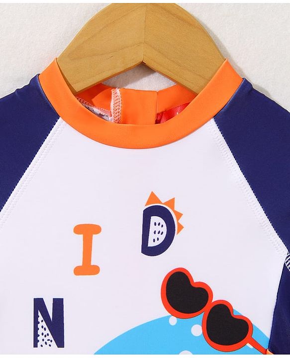 Babyhug Full Raglan Sleeves Legged Swimsuit With Dino Print - White