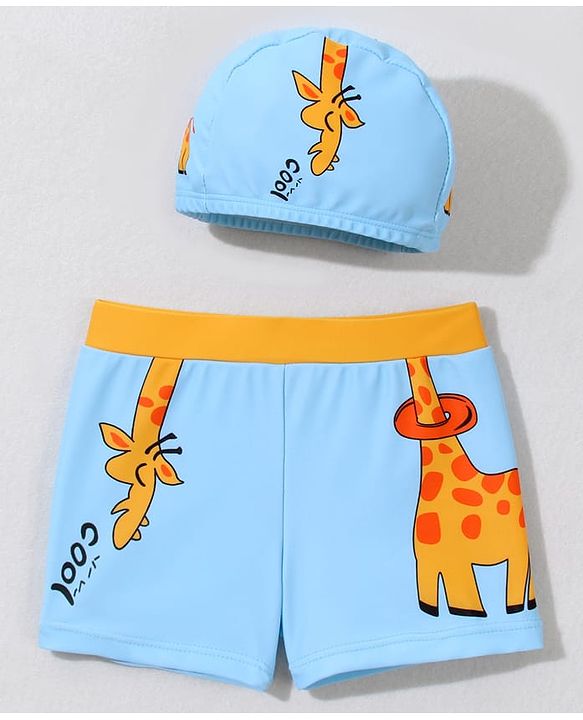 Babyhug Swimming Trunk With Giraffe Print & Cap - Light Blue
