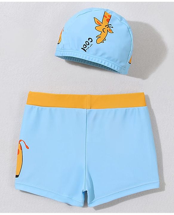 Babyhug Swimming Trunk With Giraffe Print & Cap - Light Blue
