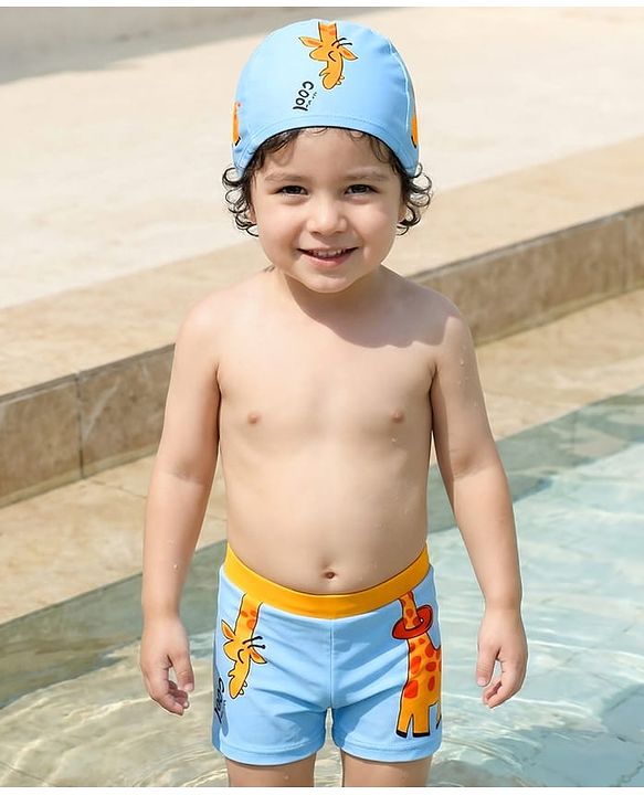 Babyhug Swimming Trunk With Giraffe Print & Cap - Light Blue