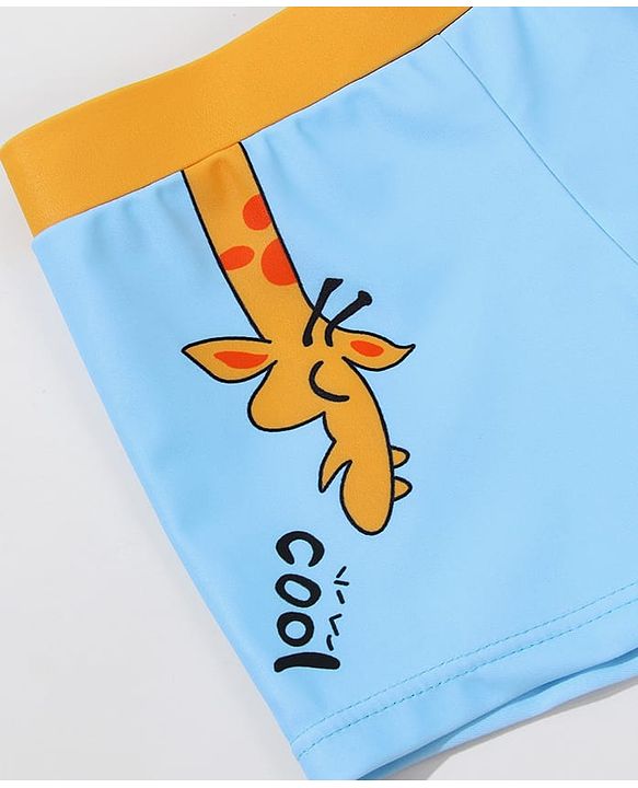 Babyhug Swimming Trunk With Giraffe Print & Cap - Light Blue