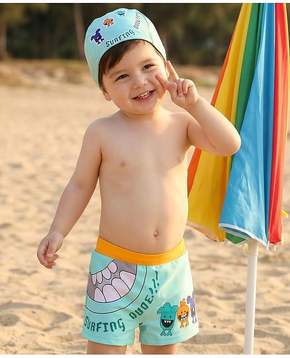 Babyhug Swimming Trunk With Animal Print & Cap - Sea Green
