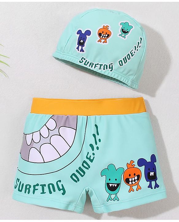 Babyhug Swimming Trunk With Animal Print & Cap - Sea Green