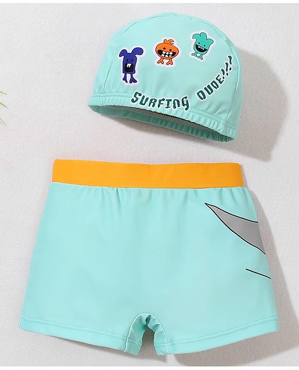 Babyhug Swimming Trunk With Animal Print & Cap - Sea Green