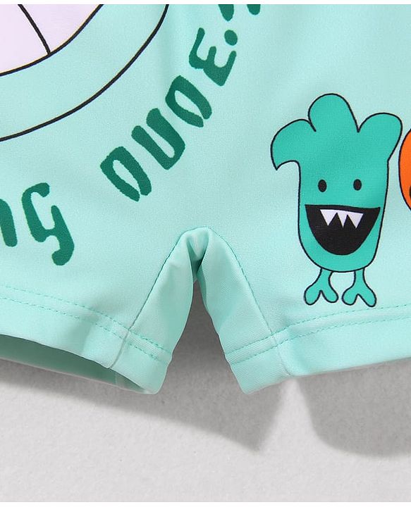 Babyhug Swimming Trunk With Animal Print & Cap - Sea Green