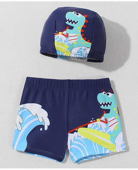 Babyhug Swimming Trunk With Dino Print & Cap - Navy Blue