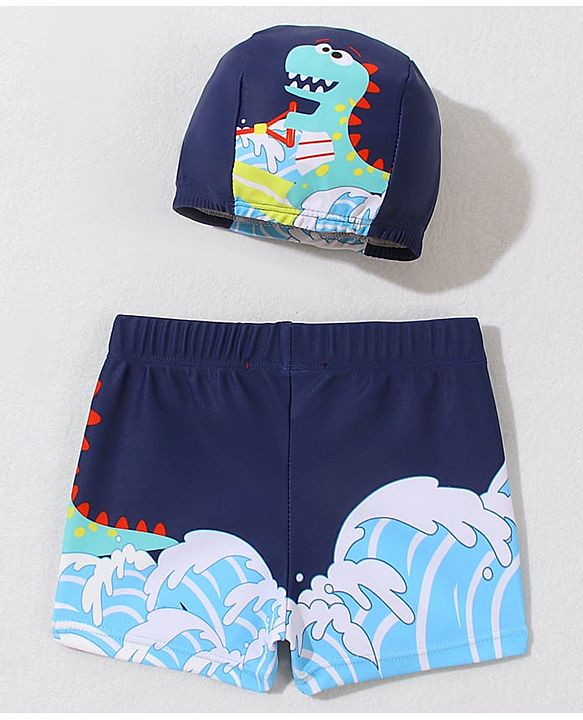 Babyhug Swimming Trunk With Dino Print & Cap - Navy Blue
