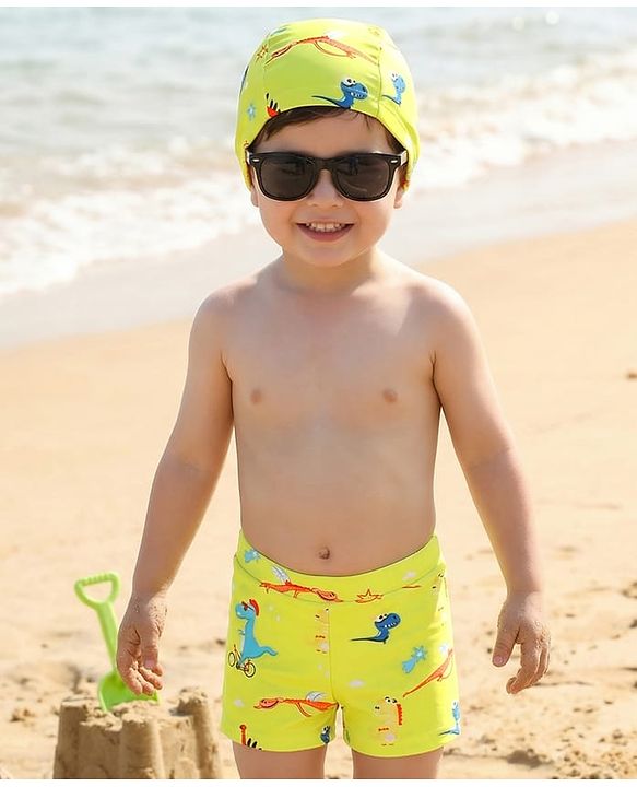 Babyhug Swimming Trunks With Dino Print & Cap - Yellow
