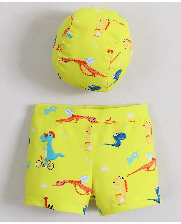 Babyhug Swimming Trunks With Dino Print & Cap - Yellow