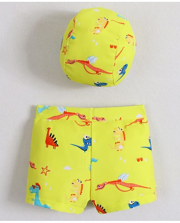 Babyhug Swimming Trunks With Dino Print & Cap - Yellow
