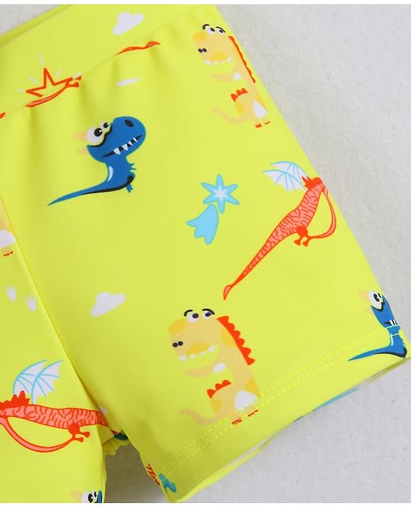 Babyhug Swimming Trunks With Dino Print & Cap - Yellow