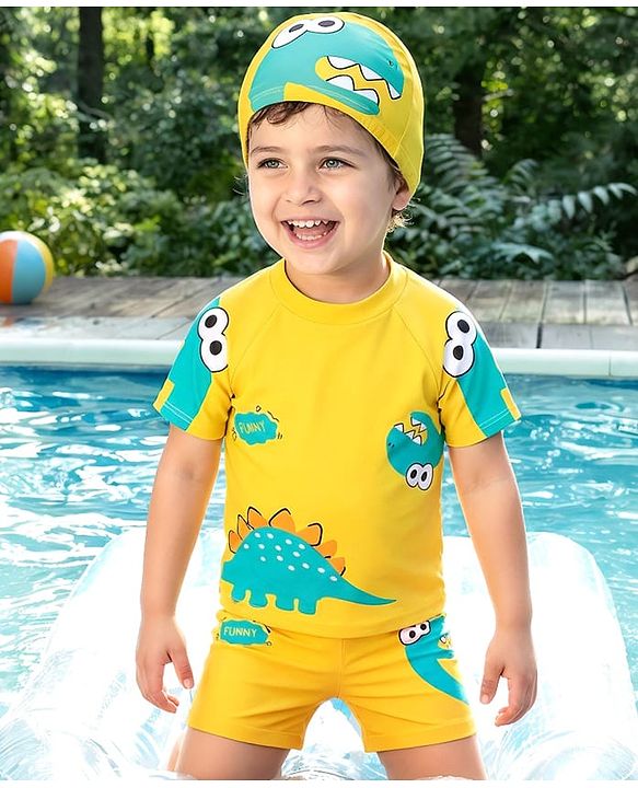 Babyhug Half Raglan Sleeves Two Piece Swimsuit With Dino Print & Cap - Yellow