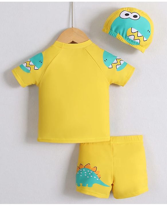 Babyhug Half Raglan Sleeves Two Piece Swimsuit With Dino Print & Cap - Yellow