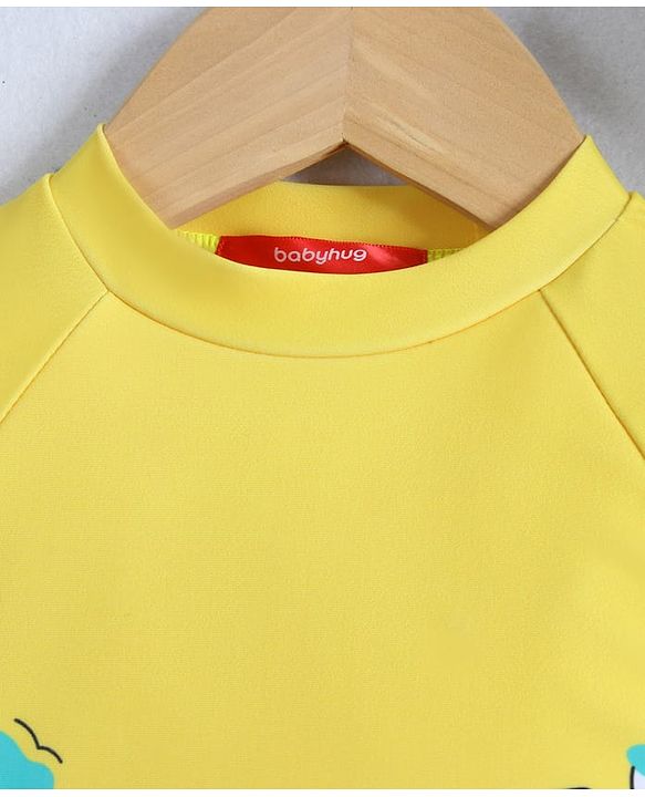Babyhug Half Raglan Sleeves Two Piece Swimsuit With Dino Print & Cap - Yellow