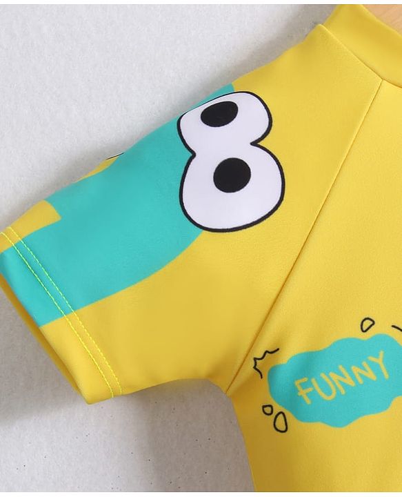 Babyhug Half Raglan Sleeves Two Piece Swimsuit With Dino Print & Cap - Yellow