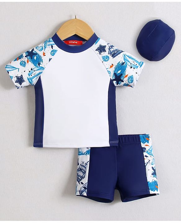 Babyhug Half Raglan Sleeves Two Piece Swimsuit With Nautical Theme & Cap - White