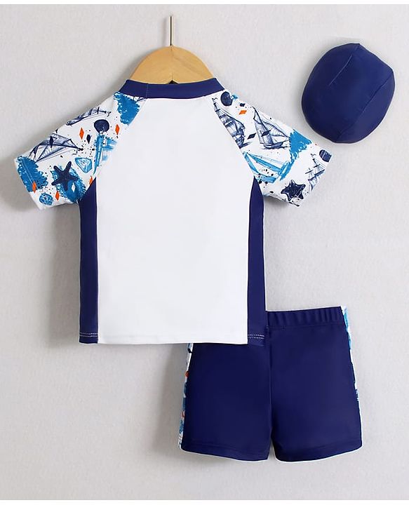 Babyhug Half Raglan Sleeves Two Piece Swimsuit With Nautical Theme & Cap - White