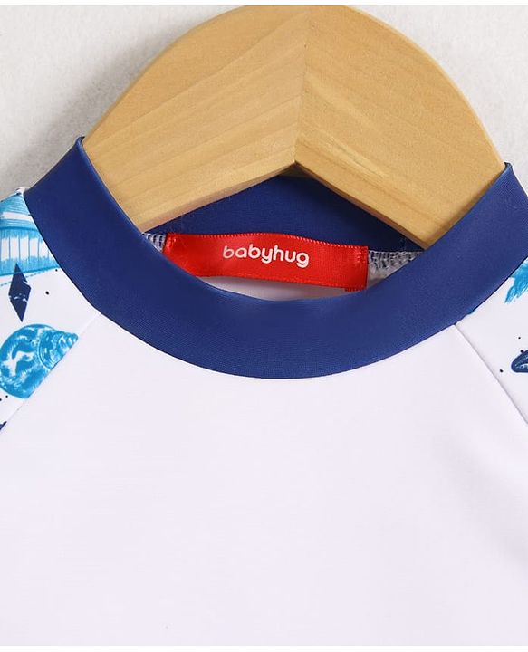 Babyhug Half Raglan Sleeves Two Piece Swimsuit With Nautical Theme & Cap - White