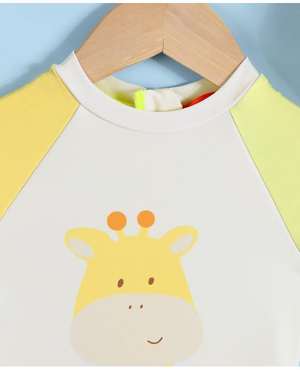 Babyhug Half Raglan Sleeves Legged Swimsuit With Giraffe Print & Cap - Yellow