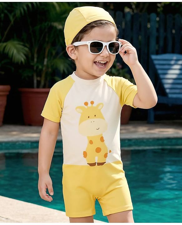 Babyhug Half Raglan Sleeves Legged Swimsuit With Giraffe Print & Cap - Yellow