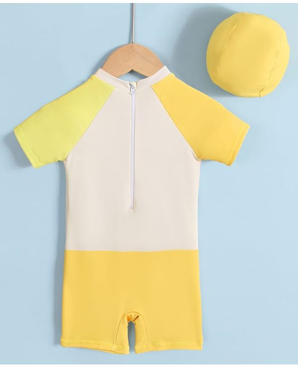 Babyhug Half Raglan Sleeves Legged Swimsuit With Giraffe Print & Cap - Yellow