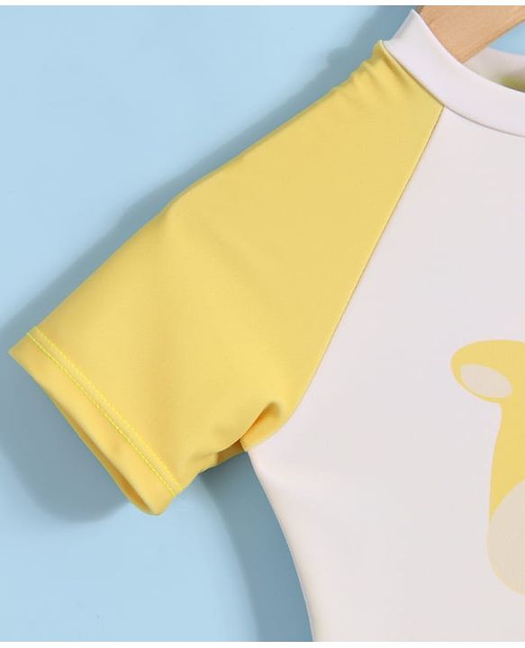Babyhug Half Raglan Sleeves Legged Swimsuit With Giraffe Print & Cap - Yellow
