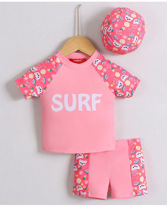 Babyhug Half Raglan Sleeves Two Piece Swimsuit With Tropical Theme Print & Cap - Pink