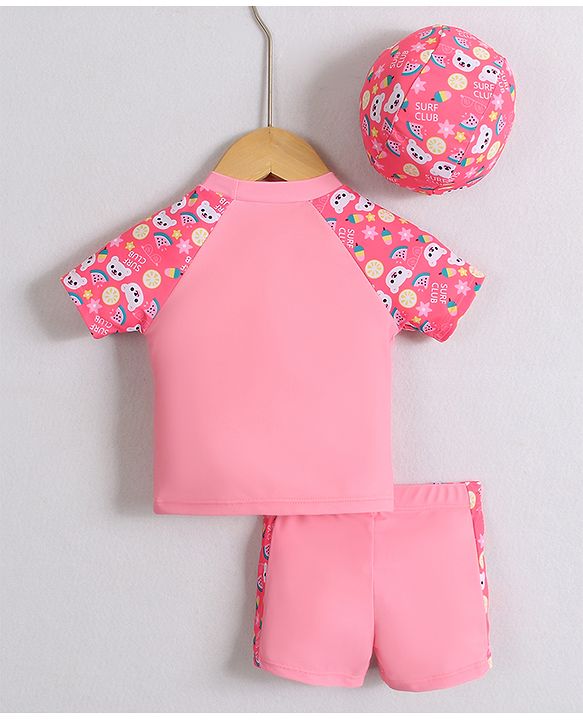 Babyhug Half Raglan Sleeves Two Piece Swimsuit With Tropical Theme Print & Cap - Pink