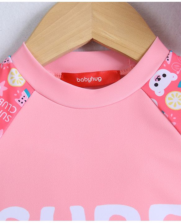 Babyhug Half Raglan Sleeves Two Piece Swimsuit With Tropical Theme Print & Cap - Pink