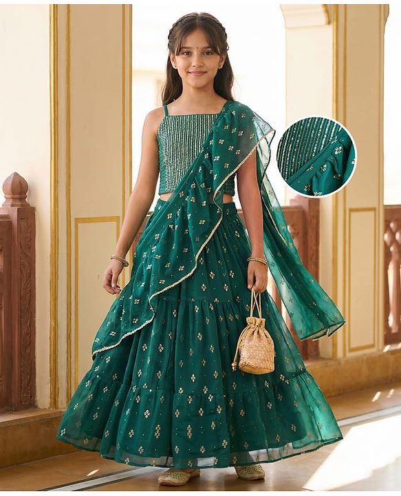 Pine Kids Woven Sleeveless Lehenga Choli Set With Foil Print & Dupatta - Teal Blue
